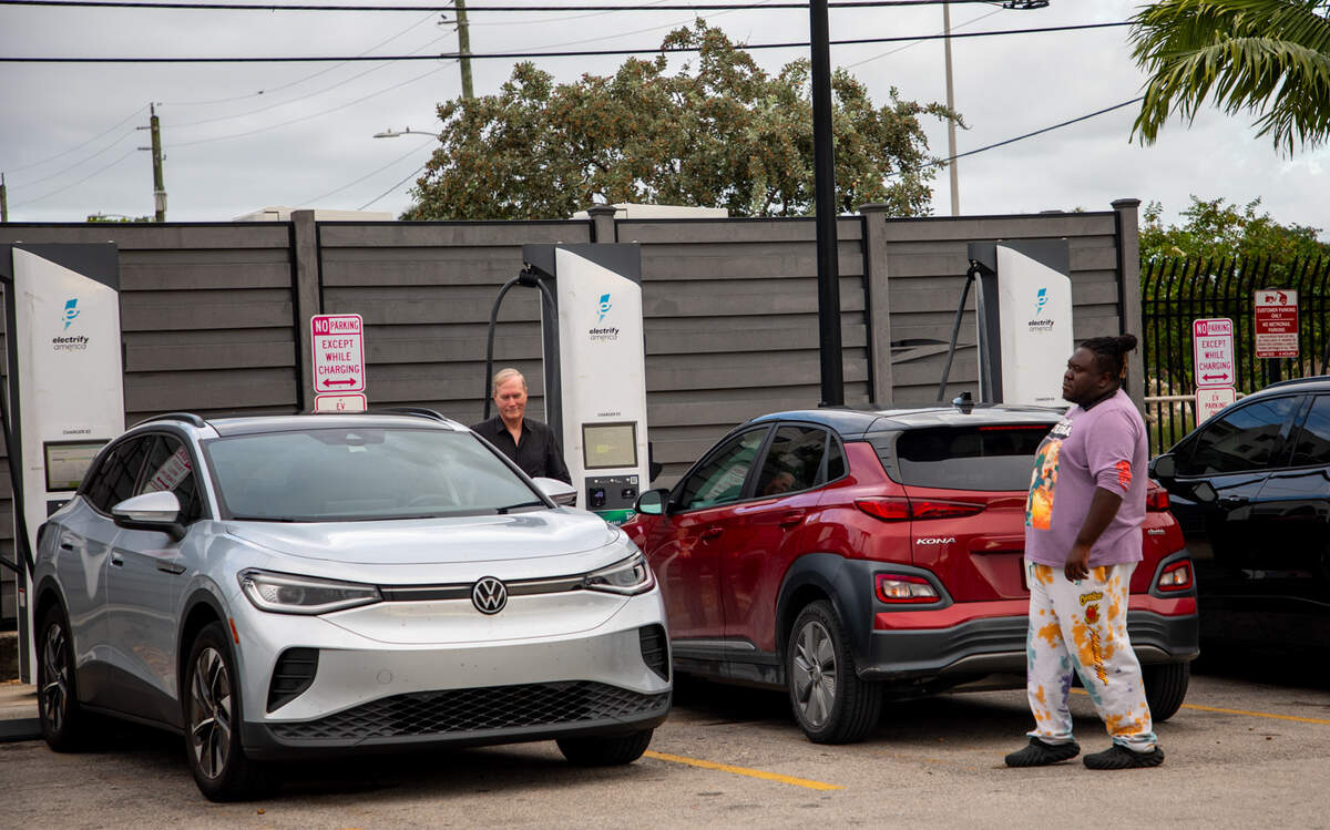 All five charging pumps were being used on Friday evening in April 2024 at the Walmart in Hialeah. Drivers said it’s typical for two or three of the pumps to be out of service.